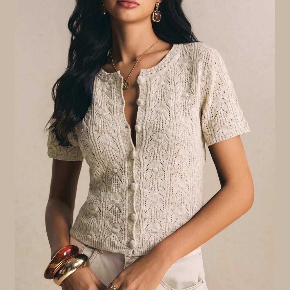 Cream Pointelle Knit Button Front Crop Short Sleeve Cardigan Top
